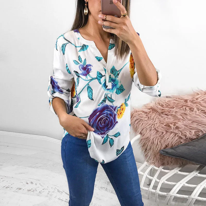 Женская блузка с цветочным принтом Повседневная Свободная рукавом 3/4 и v образным