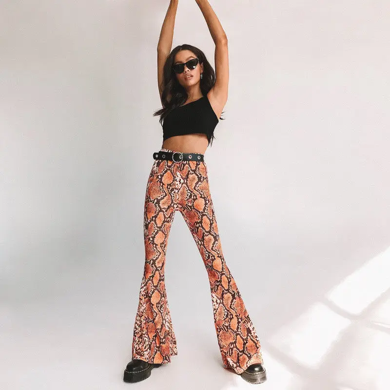 Женские пикантные расклешенные брюки со змеиным принтом и высокой талией|Брюки| |