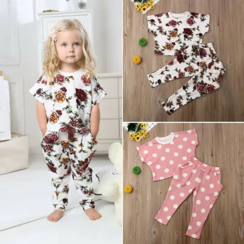 Toddler Baby Boys Girl Floral/Dot Short Sleeve Tops+Pants Outfit Set Clothes | Детская одежда и обувь