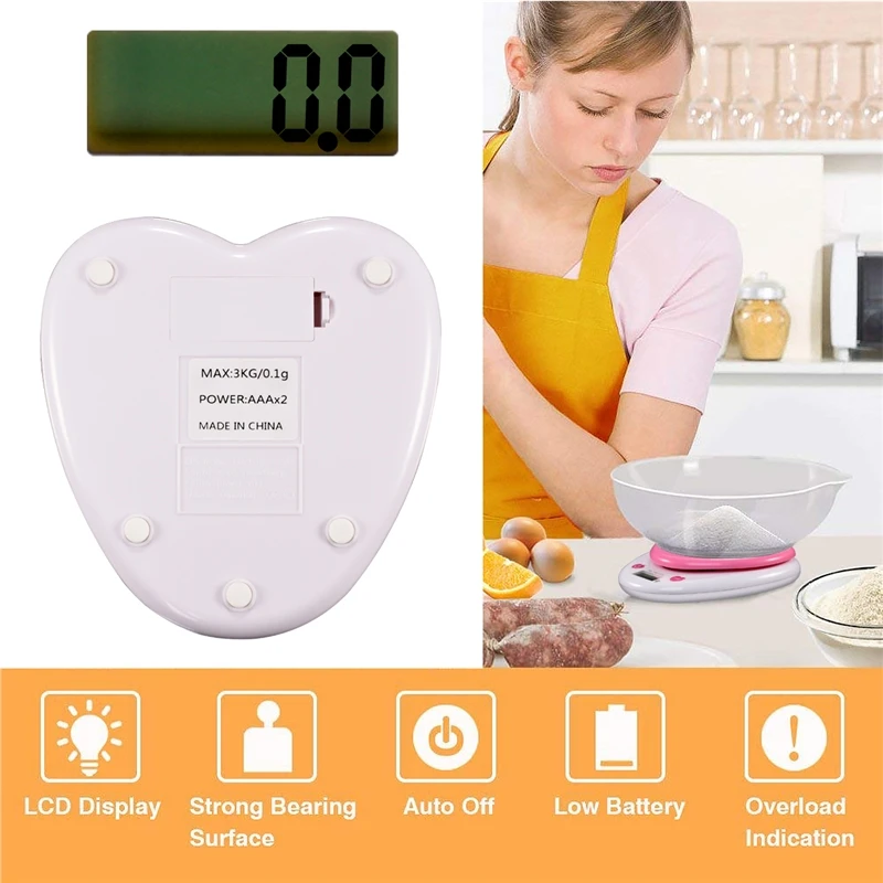 B&aacute;scula Digital port&aacute;til para cocina, Monitor LCD autom&aacute;tico, cero potencia, regalo en forma de coraz&oacute;n s&oacute;lido para medir peso, alimentos, agua y polvo-3