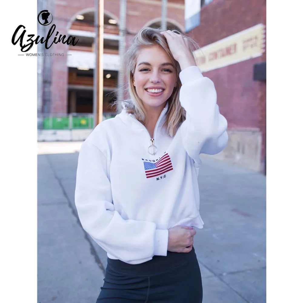 AZULINA American Flag Half Zip Sweatshirt Women Letter Hoodies Spring Ladies Mock Neck Long Sleeves Female Pullovers | Женская одежда