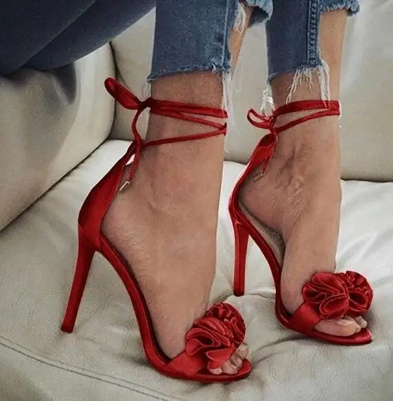 

Moraima Snc Ruffles Ankle Wrap Open Toe Stiletto High Heel Women Sandals Beautiful Flower Decorations Lace-up Gladiator Sandals