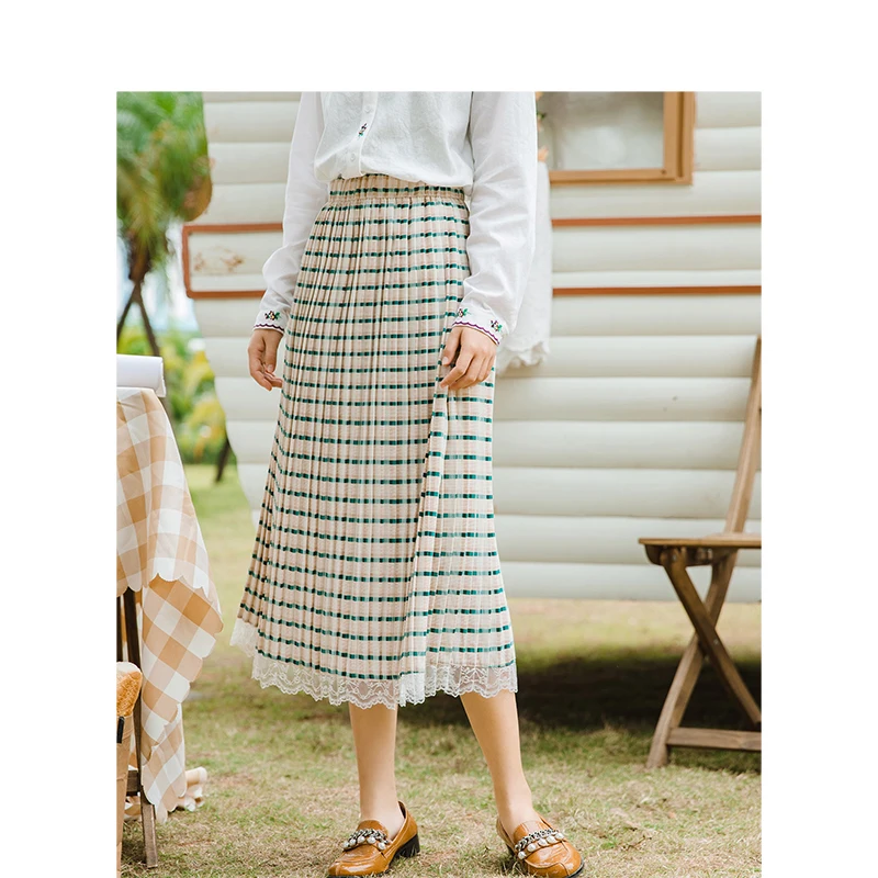 INMAN Spring Autumn High Waist Slim Literary Retro Striped Lace A-line Women Skirt | Женская одежда