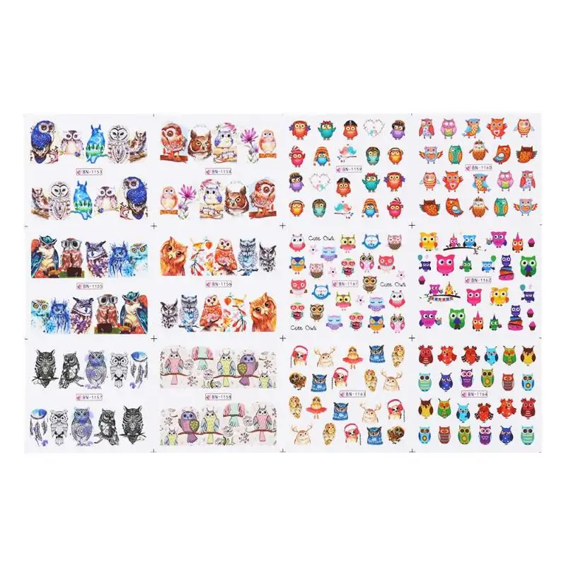 12 шт. водосберегающая насадка наклейки мультфильм Сова для ногтей Nail Art