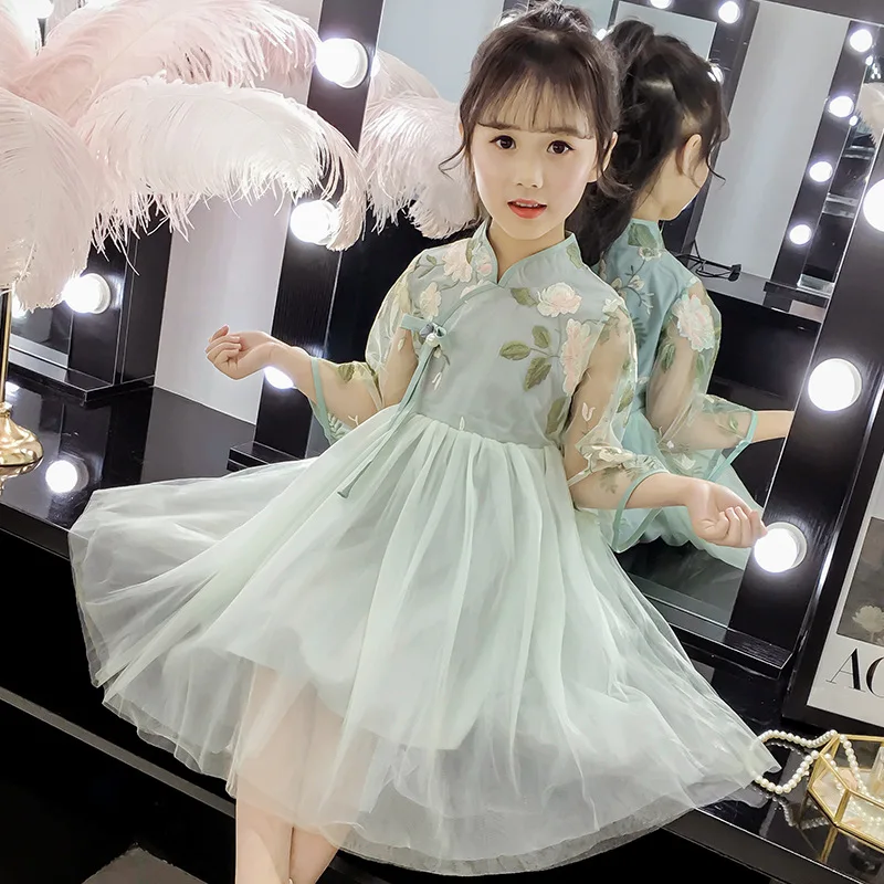 embroidered flowers china Cheongsam 2019 tang hanfu children traditional ancient folk costume age for 4 - 14 yrs kids lace qipao | Детская