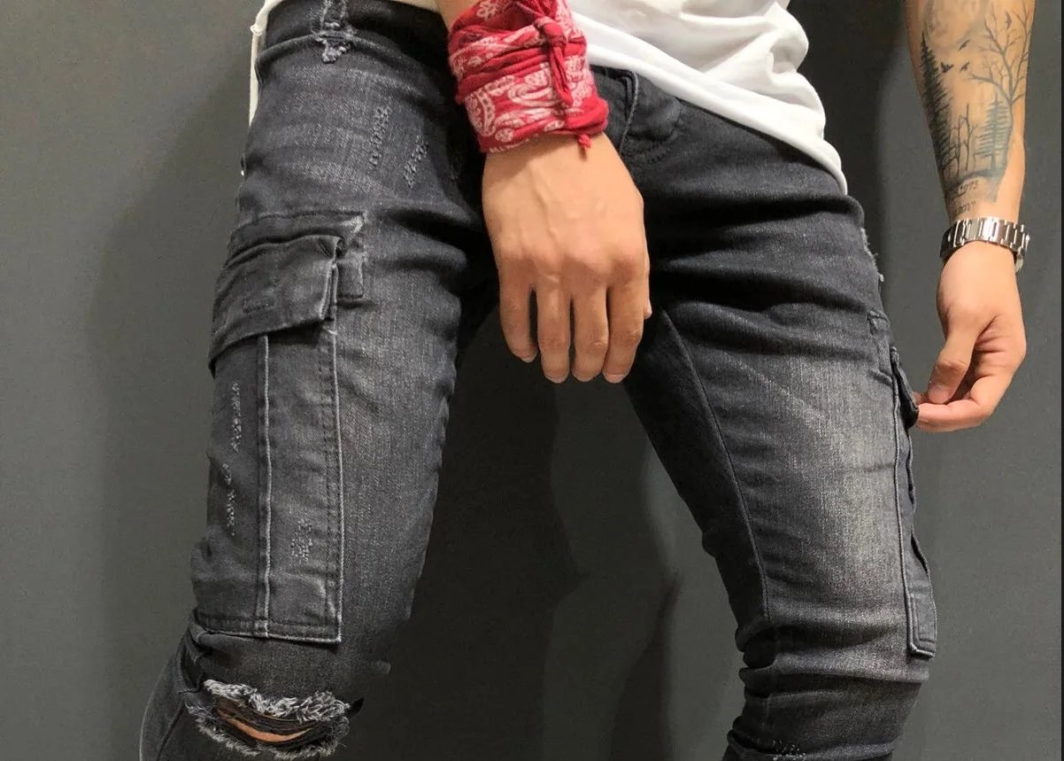 

Skinny Jeans for Men 2019 Spring Cotton Straight Hole Pocket Trousers Distressed Black Jeans Male Casual Denim Pants