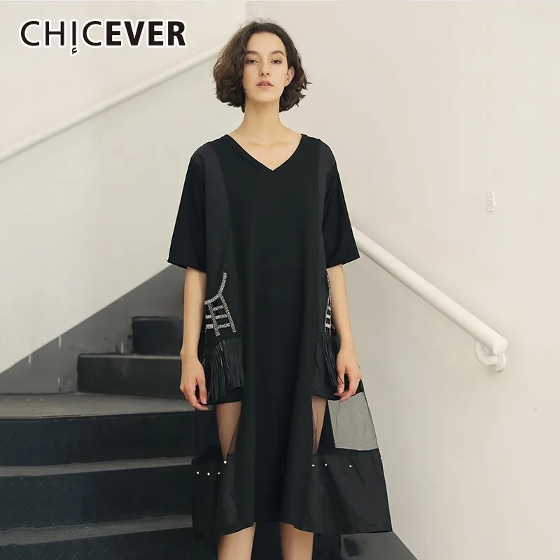 CHICEVER лоскутное Сетчатое платье с подолом для женщин V образный вырез коротким