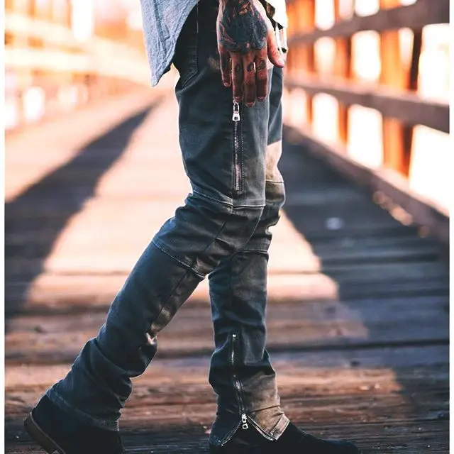 

Mens Cool Black Jeans Zipper Skinny Ripped Hole Destroyed Stretch Slim Fit Hop Hop Motorcycle Biker Jeans Pants