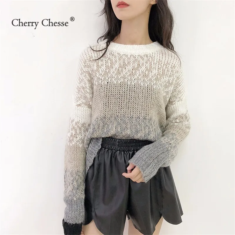 Cherry Chesse Harajuku сладкий Для женщин вязаный свитер контраст с круглым вырезом
