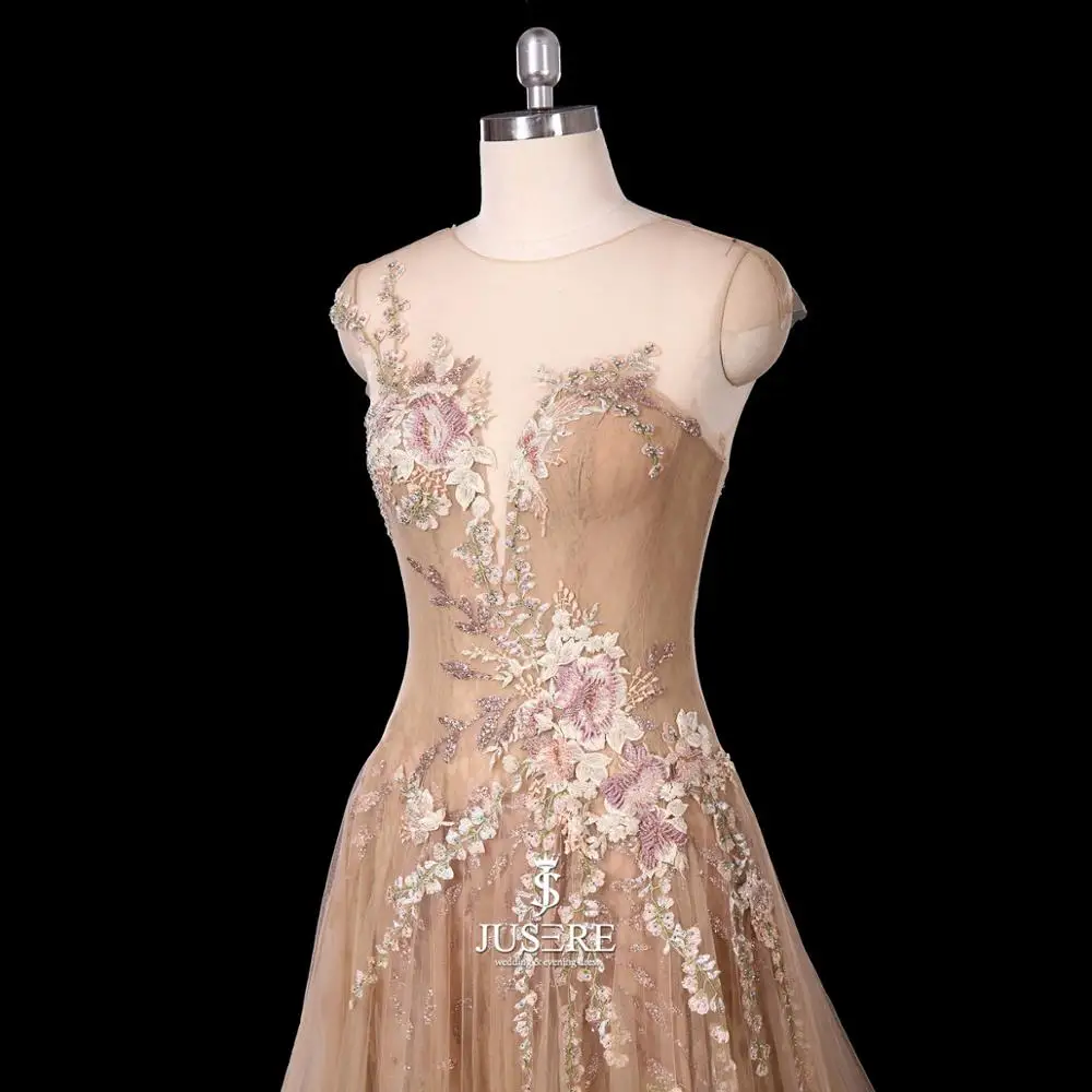 Champagne Long Evening Dress Charming A-Line O-Neck Cap Sleeve Embroidery Lace Flower Floor Length Evening Dresses Gowns 2019