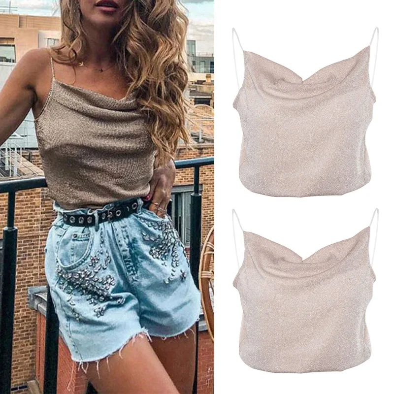Женский короткий топ свободный блестящий без рукавов|Топы| |