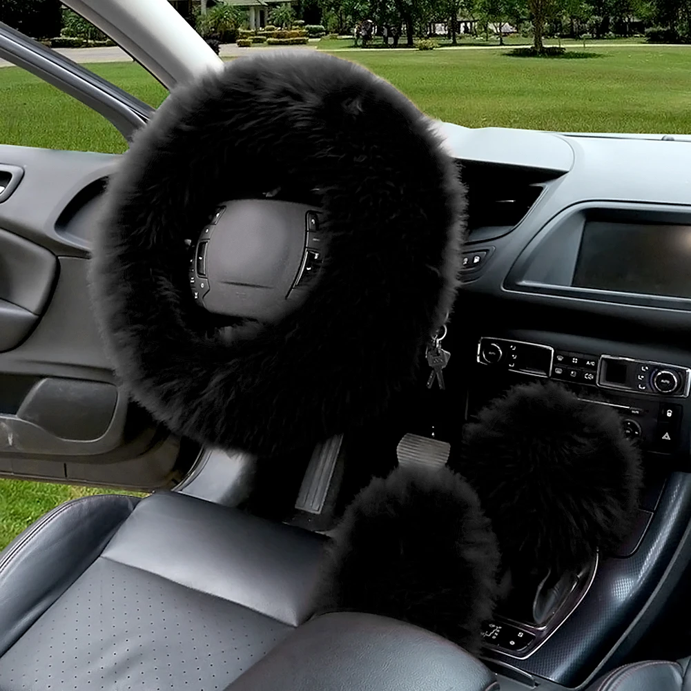 Long-haired pure black wool car steering wheel cover hand brake set gear three-piece | Автомобили и мотоциклы