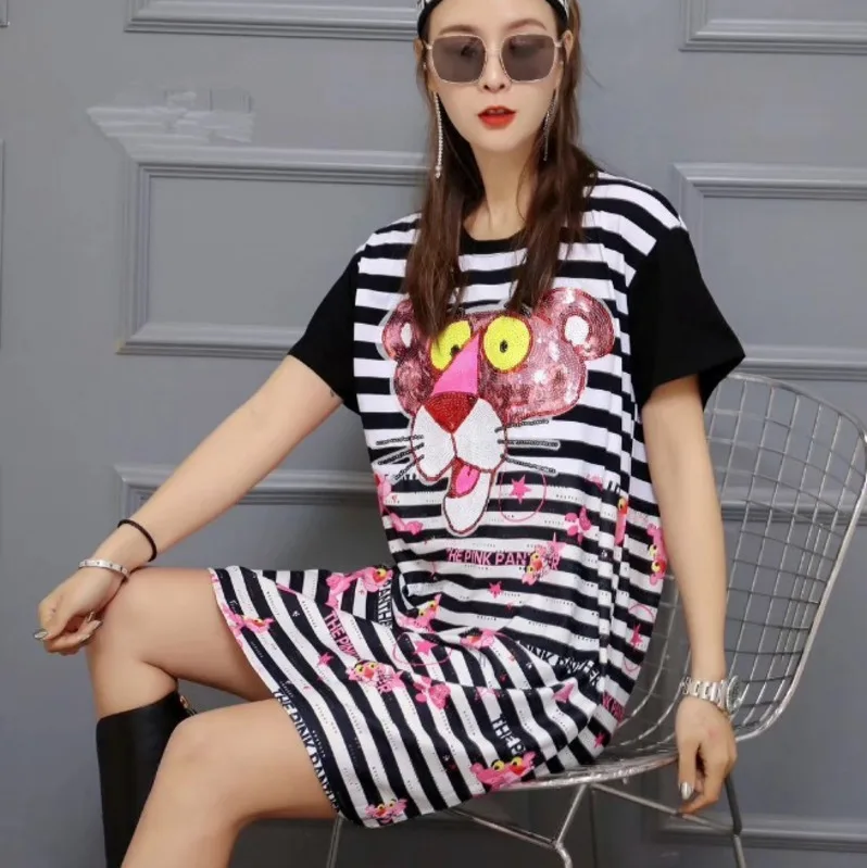 QING MO платье с блестками и животным женская розовая пантера футболка белое