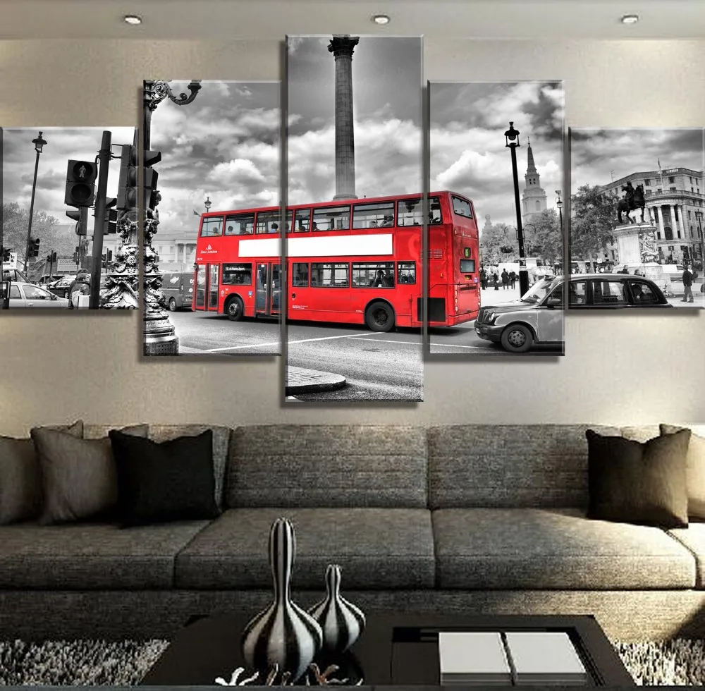 

5 Piece Canvas Art London Red Bus Street Scene Modern Decorative Paintings on Canvas Wall Art for Home Decorations Wall Decor