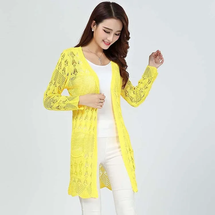2019 Spring New Women Long Sleeve Knitting Cardigans Sweater Jacket Fashion Floral Hollow Out Candy Colors Pockets Sweaters |