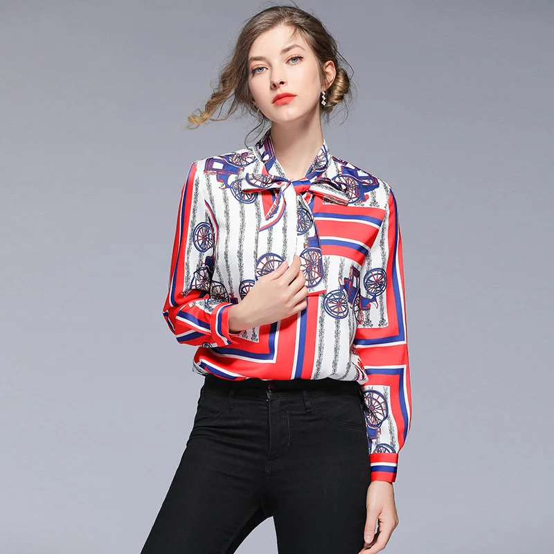 

2019 New summer red strip Turn-down Collar Blouse Long Sleeve Vintage Printed slim Runway Shirt bow tie up