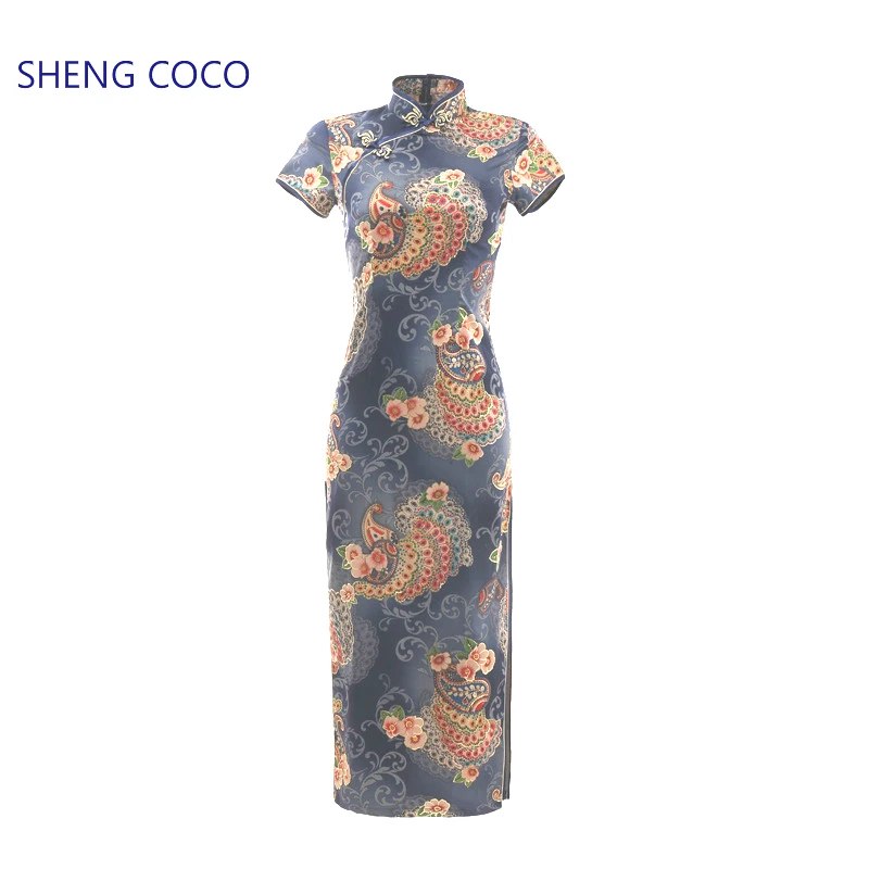 

SHENG COCO Ladiese Phoenix Flower Vintage Cheongsam Dresses Satin Qipao Evening Robe Orientale Dress Navy Blue Plus Size Qipao