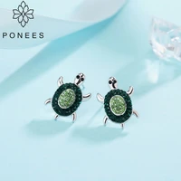 ponees simple nice female turtle tortoise earrings with green crystals stud earrings for women girl kids cute animal jewelry