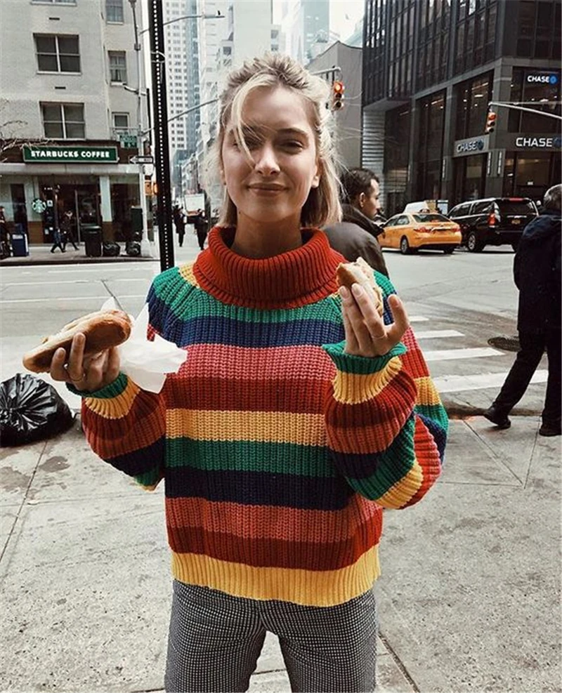IANLAN New Womens Turtleneck Rainbow Pullover Colorful Striped Long Sleeve Sweater Girls Popular Loose Knitwear IL00391 | Женская одежда