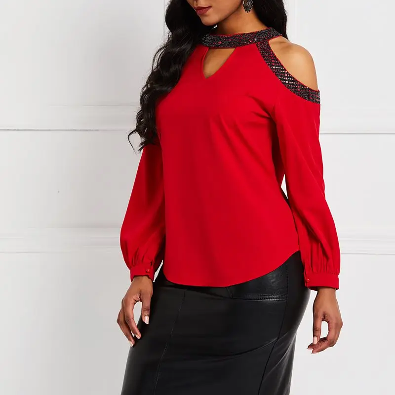 С открытыми плечами Для женщин блузка бусины полые свободные Повседневное