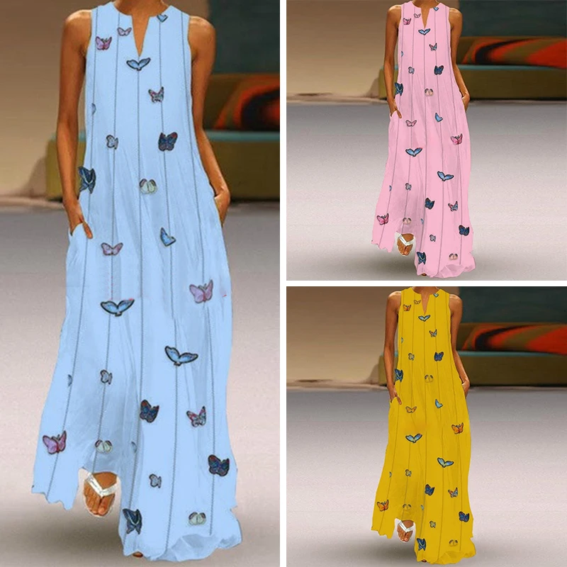 2019 женское платье макси без рукавов с цветочным принтом и карманами элегантное