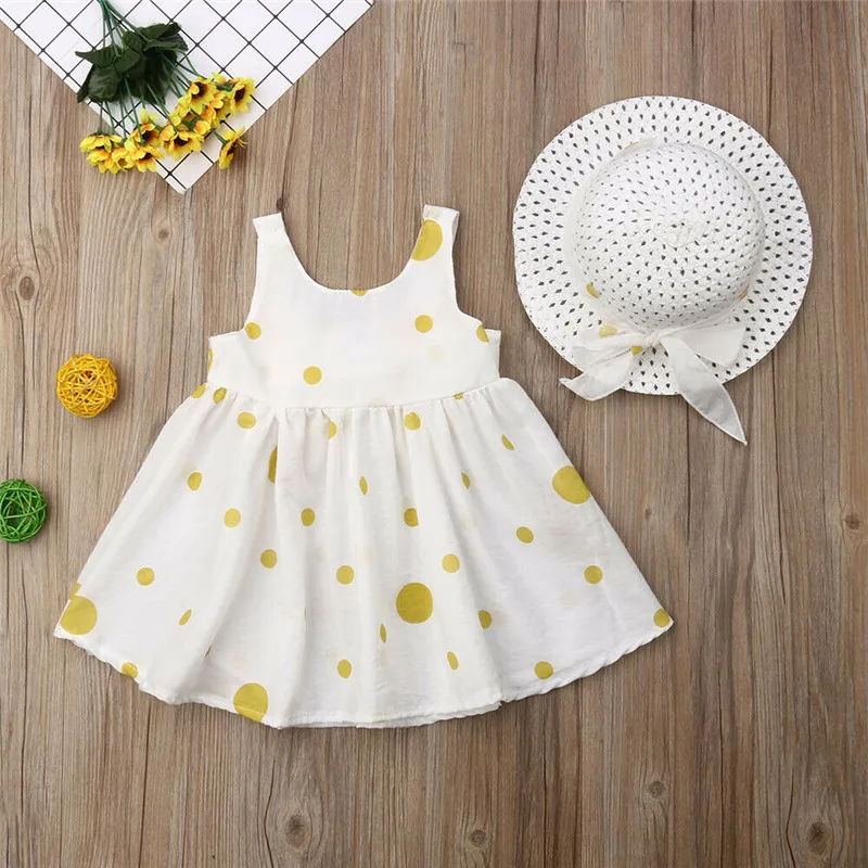 2019 Summer Kids Baby Girl Dress Sleeveless Bowknot Polka Dot Princess Girls Boho Party Dresses Hat 2PCS Children Clothes 6M-3Y | Детская