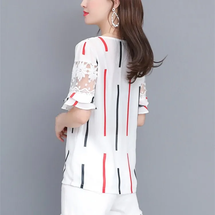 New Arrival Women Summer O-Neck Stripe Slim Blouse Butterfly Sleeve Ladies Lace-Up Patchwork Lace Plus Size Chiffon Shirts |