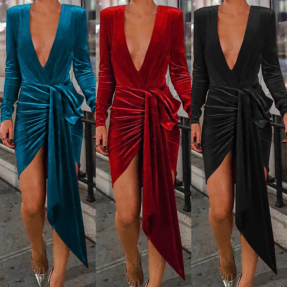 Модное бархатное женское платье с v-образным вырезом и длинным рукавом Клубное