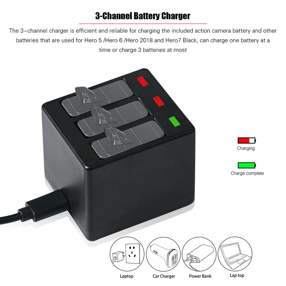 3 канальное зарядное устройство для экшн камеры с usb кабелем быстрой зарядки GoPro