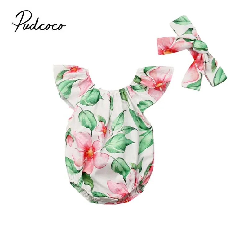 2019 Brand Cute Newborn Baby Girl Clothes Floral Green Leaf Fly Sleeve Romper Bodysuit+Headband Outfit 2Pcs Sunsuit 0-3Y | Мать и ребенок