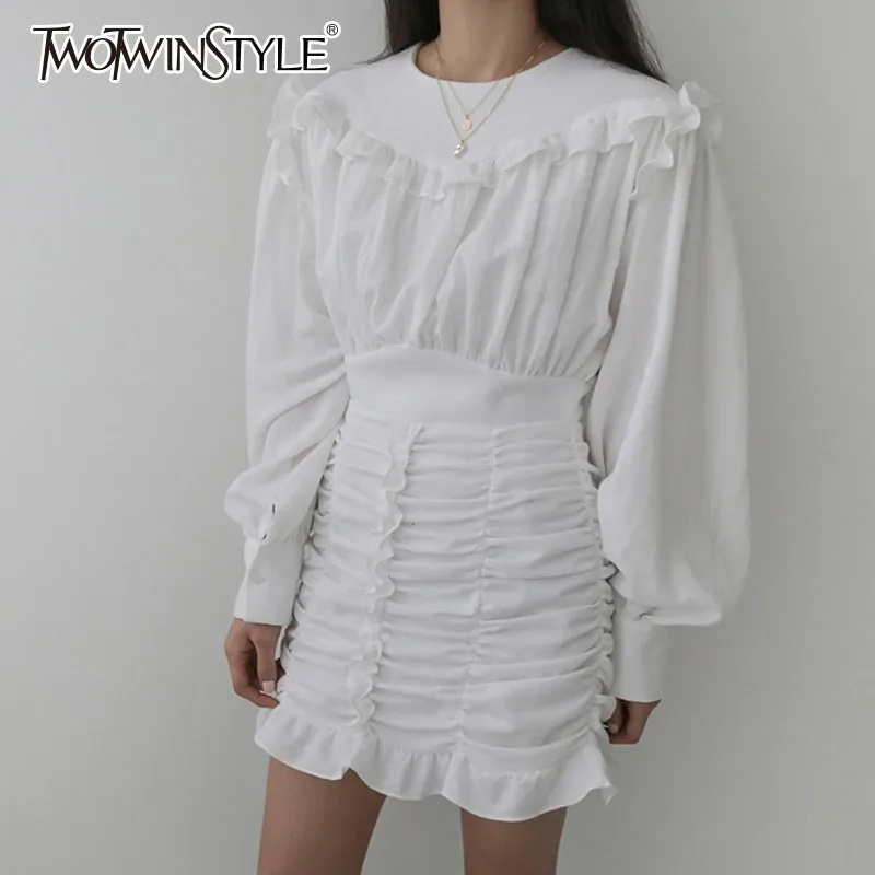 TWOTWINSTYLE Лоскутные Платья с оборками для женщин круглым вырезом Фонарь длинным