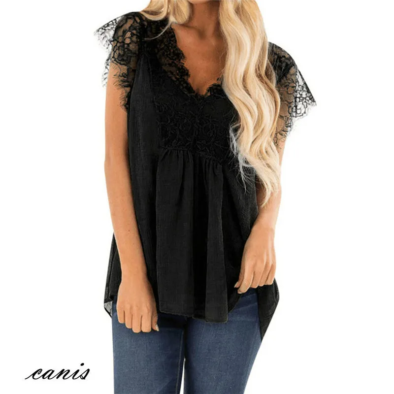 2019 Женская Сексуальная кружевная полая блуза рубашка Элегантная без рукавов