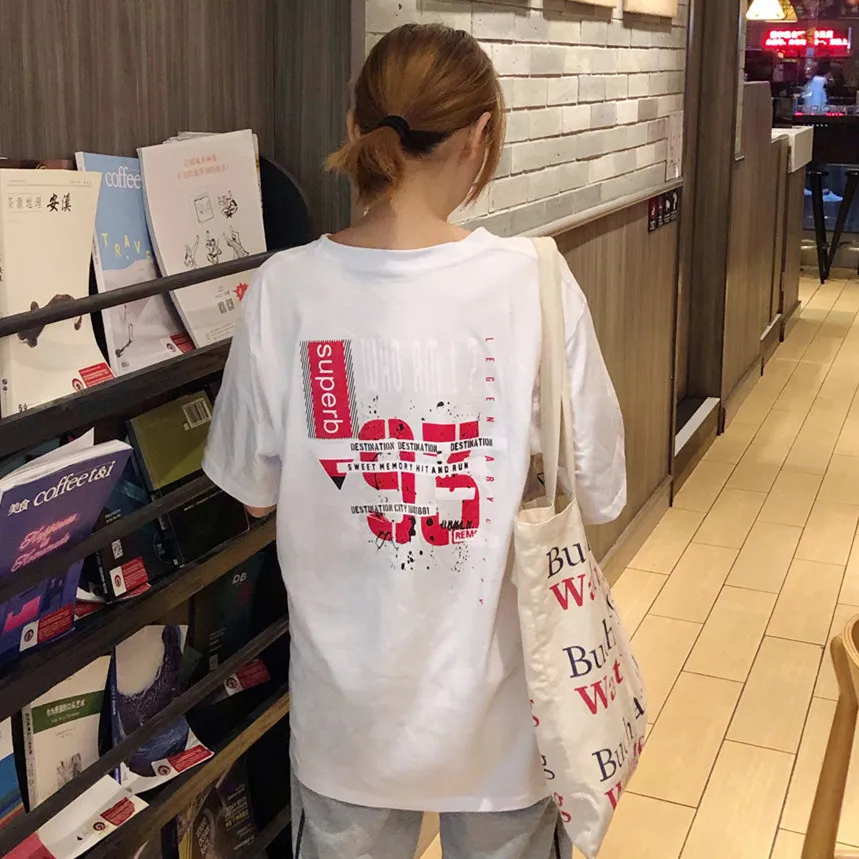 Женская футболка в полоску с буквенным принтом Ulzzang Harajuku Повседневная Базовая