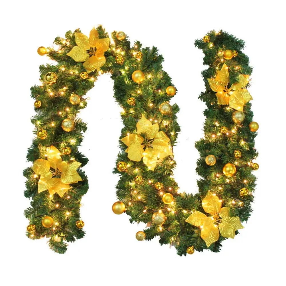 2.7M Decorated Garland Illuminated with Lights Christmas Decoration Xmas for Fireplace Stairs Gold Baubles Flowers Xma |