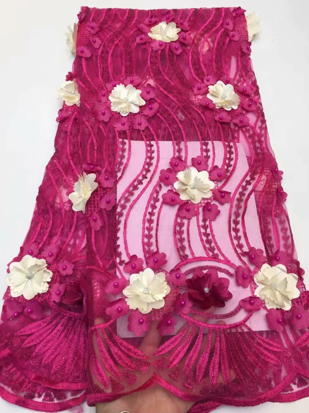 

2019 High quality African french lace fabric with pearls embroidery beaded stones 3D flowers applique sequins lace fabric bridal