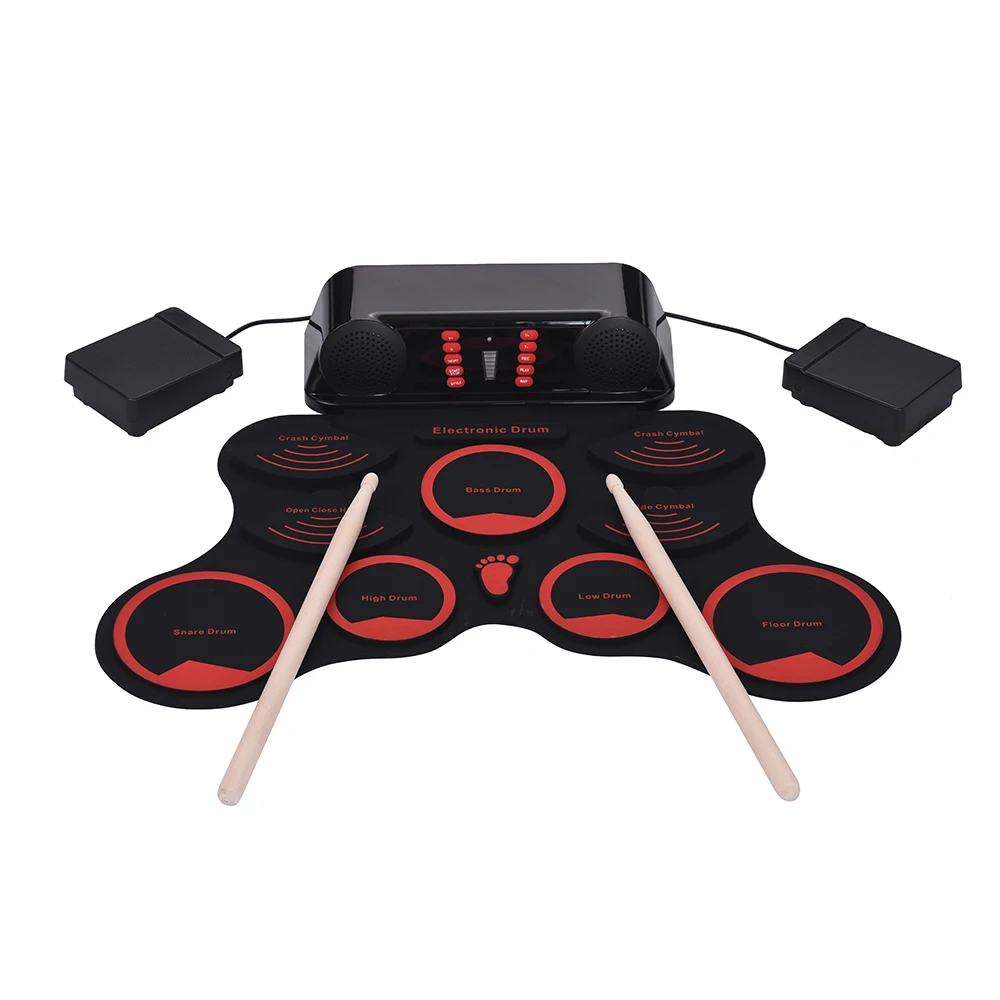 

Portable Folding Drum Set Electronic Drum Kit 9 Silicon Drum Pads Built-in Double Speakers with Drumsticks Foot Pedals USB Cable