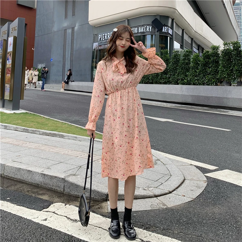 Chic Print Women Dress Casual Lace Up Kawaii Ruffles Sleeve Chiffon 2019 Spring Autumn A-Line Knee Length | Женская одежда