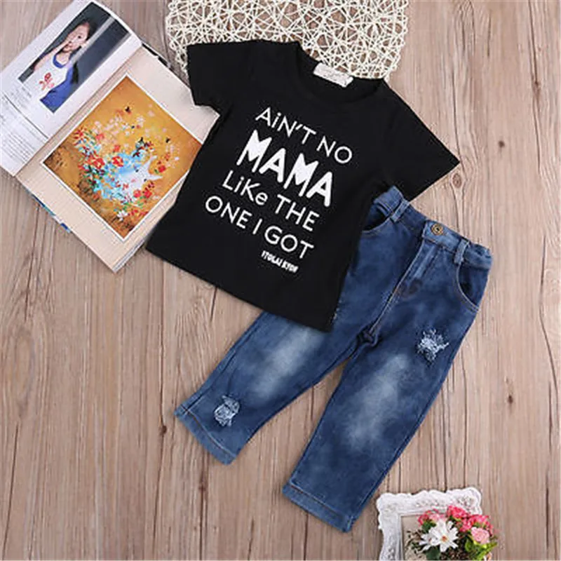 Baby Girls Clothes Set 2pc/Set Black Short Sleeves Tshirt Letter T-Shirt Tops Blue Jeans Long Cowboys Pants New Born Outfit | Детская