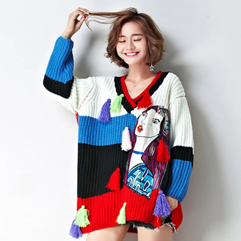 Vefadisa Women Tassel Stripe Cartoon Girl Sweater 2018 Autumn V-neck Color Matching Pullover Loose DQ315 | Женская одежда