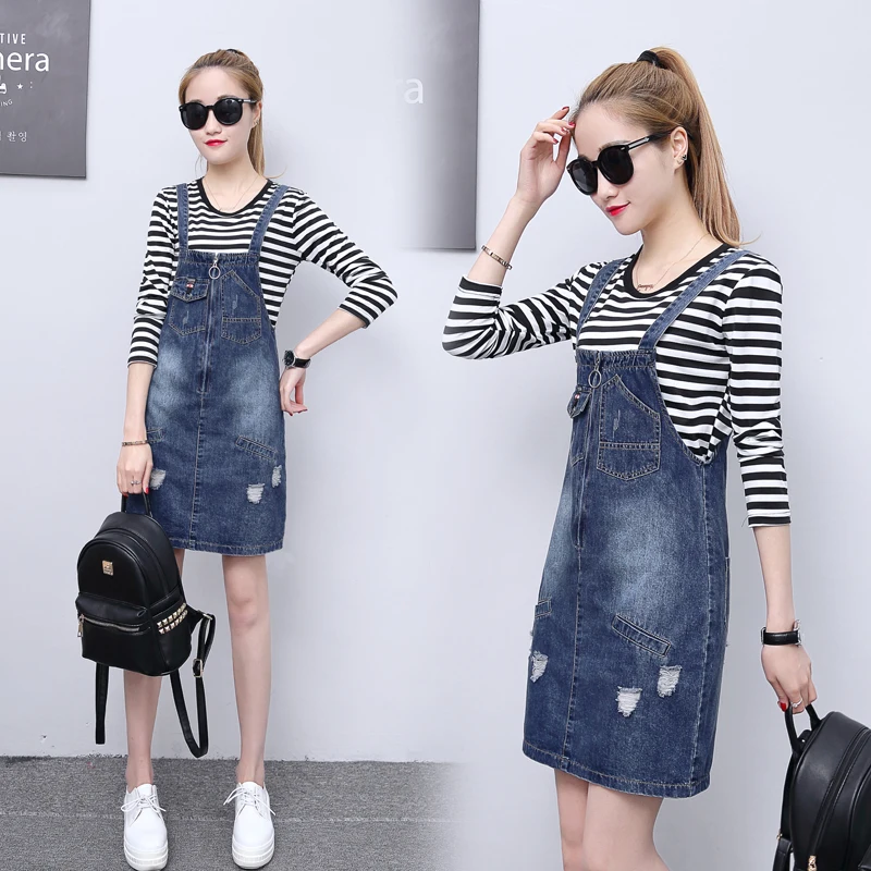 2 piece suits 2019 spring women's fashion new hole pocket denim strap dress students female Casual spaghetti | Женская одежда