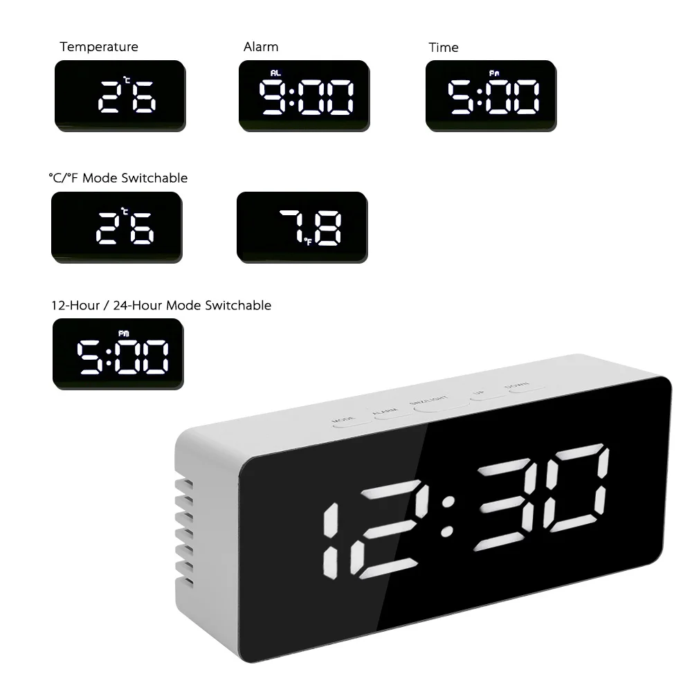 HOOMIN Digital LED Display Desktop Clock Thermometer USB & Battery Operated Table Alarm Clocks Mirror with Snooze Function | Дом и сад