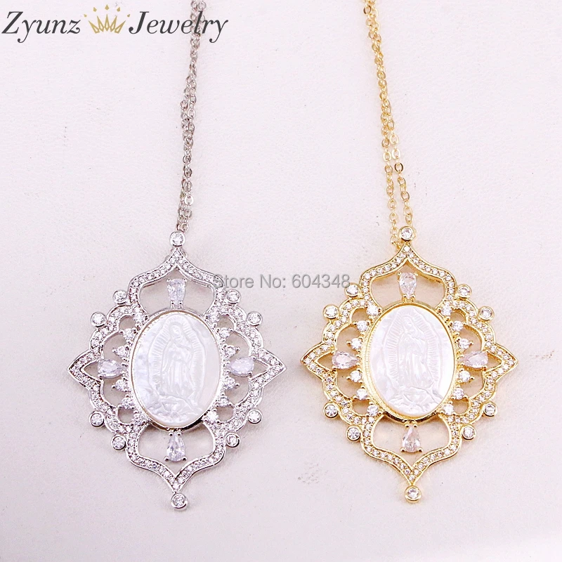 5 нитей ZYZ323 8697 CZ micro Pave Oval Mary Jesus MOP shell Focal ожерелье Белый Золотой/Серебряный цвет