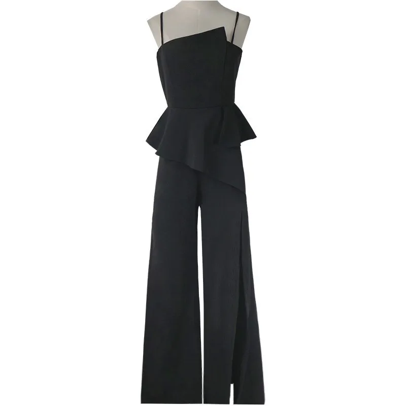 TWOTWINSTYLE Summer Sleeveless Slim Jumpsuit For Women High Waist Irregular Ruffles Split Chiffon Wide Leg Pants Female New 2020 | Женская