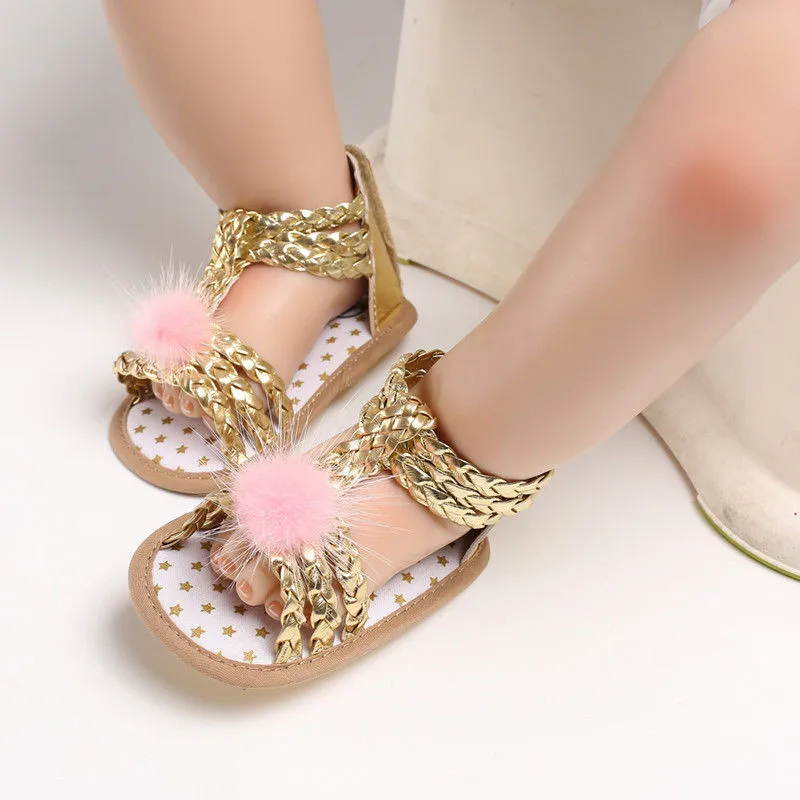 Летние сандалии принцессы из искусственной кожи с меховым помпоном для