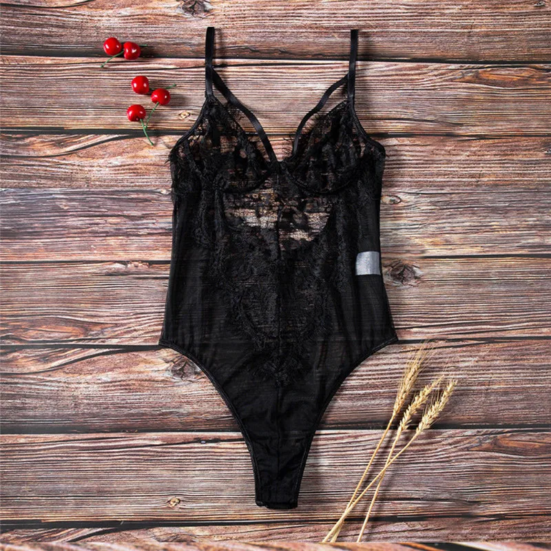 Женские пикантные кружево без рукавов боди белье Bodycon комбинезон сплошной черный