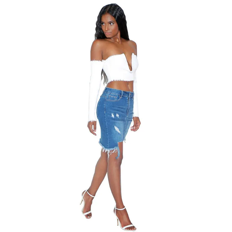 Women Summer Denim Skirts Fashion High Waist Irregular Holes Cowboy Blue Jeans Skirt Female Sexy Short Pencil O8R2 | Женская одежда