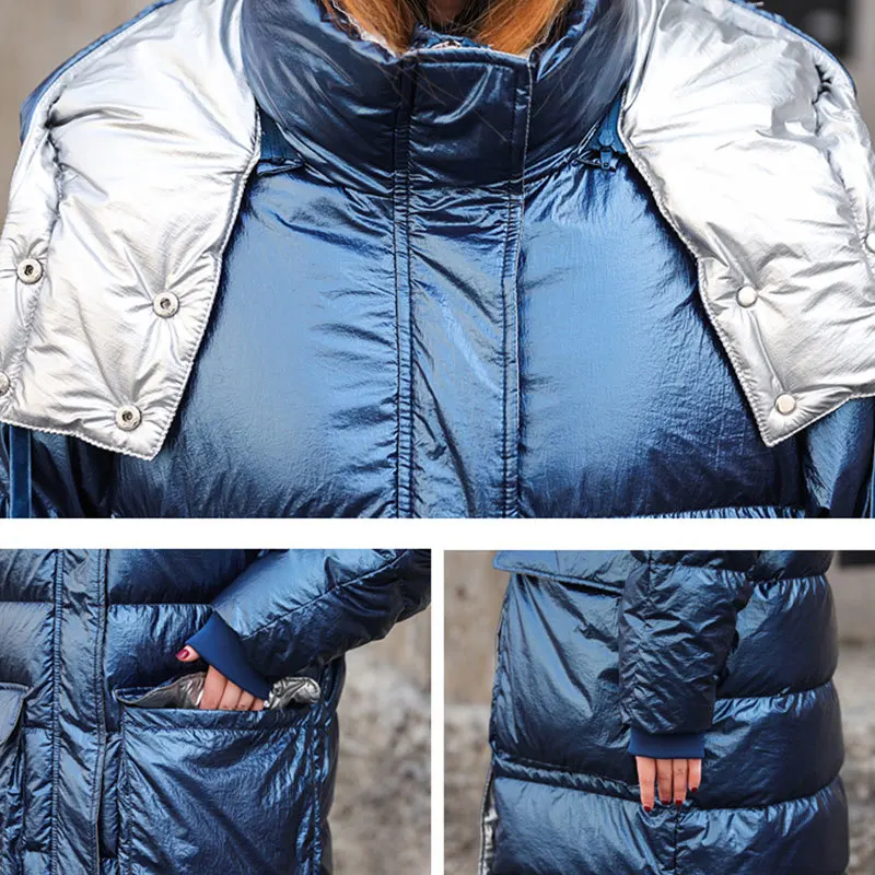 Flash Light Pink Down Cotton Jacket Women Winter Long Coat Hooded Parkas 2019 Bright Thicken Padded Female Warm Outerwear PL20