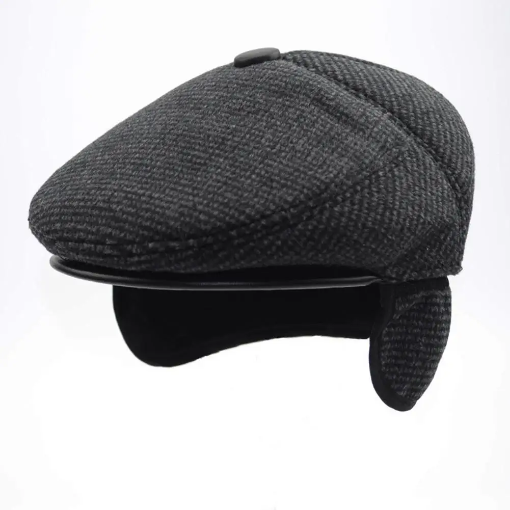 Winter Wool Male Beret Cap Hats With Earflaps Men Vintage Newsboy Tweed Flat Dad Warm Russia Snow Plaid Peaked Boina | Аксессуары для