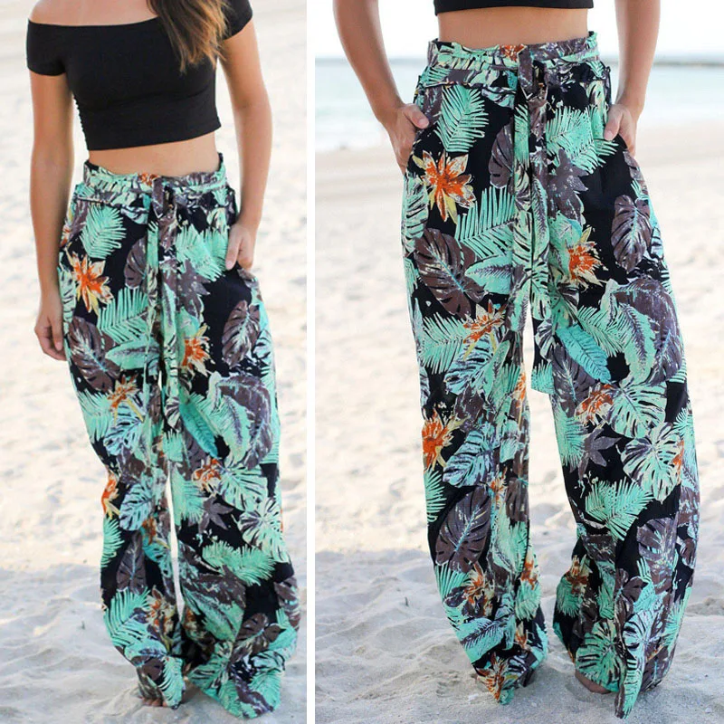 Женские брюки женские летние длинные штаны с цветочным принтом свободные поясом