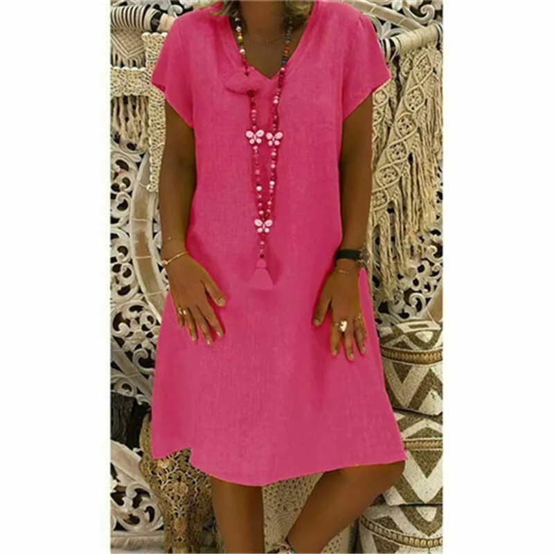 2019 Summer Dress Plus Size Women's Cotton Short Sleeve Long T-Shirt Ladies Casual V-neck | Женская одежда